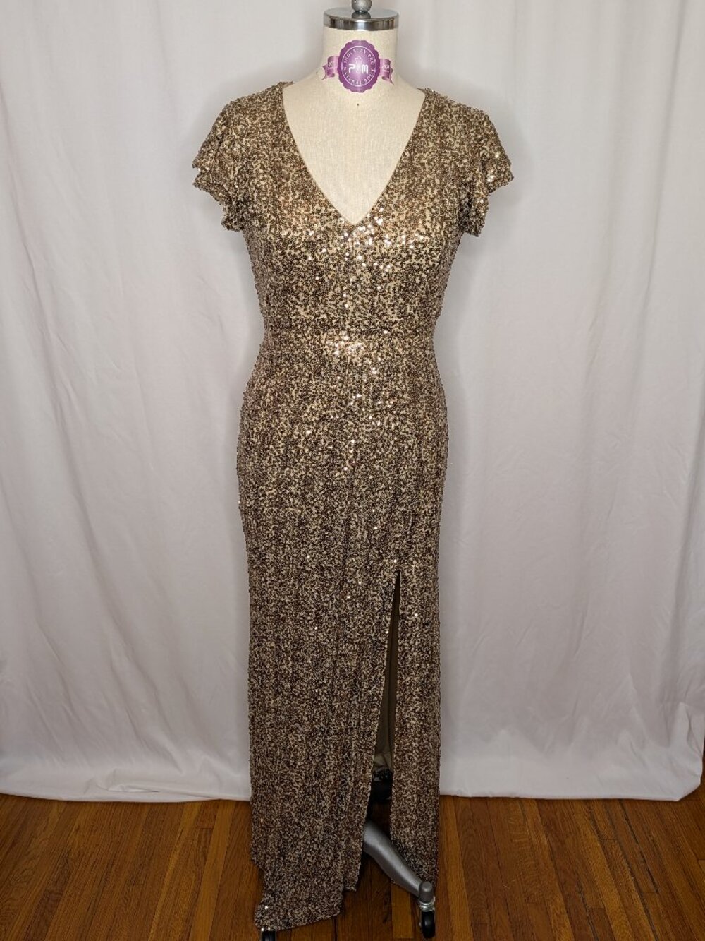 Belle Badgley Mischka Gold Sequin Evening Gown Formal Dress - Size 10